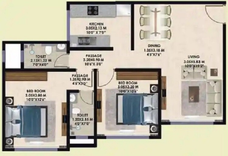 Floor plan of 2 BHK 675 Sq. Ft. Apartment in Vipul Devtaa Pratham, Mumbai