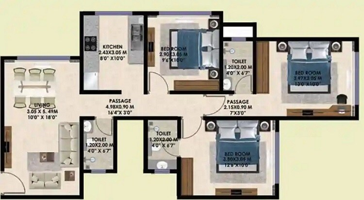 Floor plan of 3 BHK 800 Sq. Ft. Apartment in Vipul Devtaa Pratham, Mumbai
