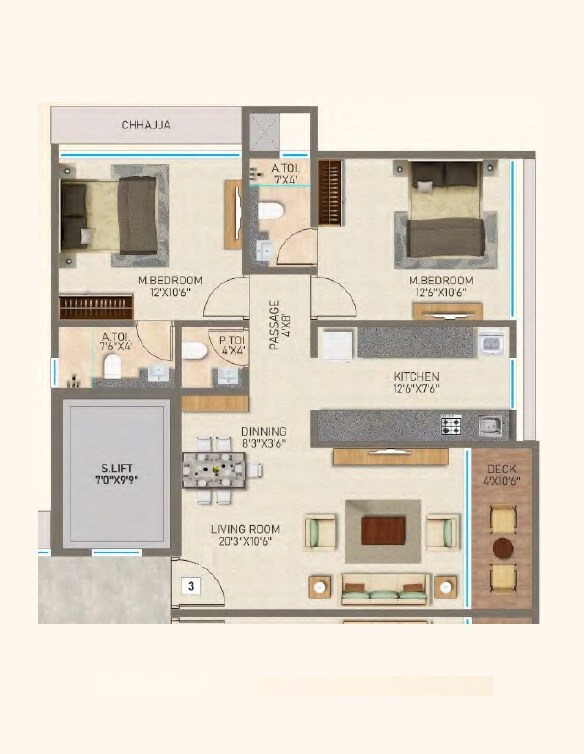 Floor plan of 2 BHK 666 Sq. Ft. Apartment in Vir Paradise, Mumbai