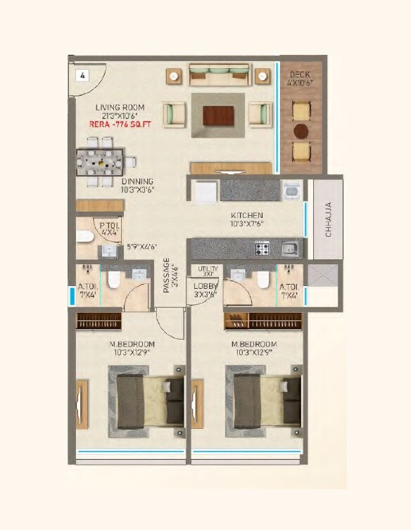Floor plan of 2 BHK 776 Sq. Ft. Apartment in Vir Paradise, Mumbai