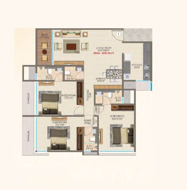 Floor plan of 3 BHK 1050 Sq. Ft. Apartment in Vir Paradise, Mumbai