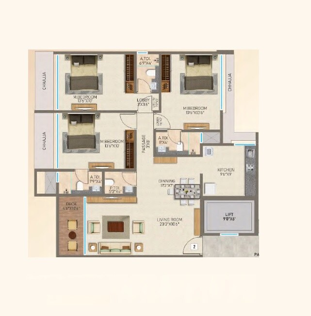 Floor plan of 3 BHK 915 Sq. Ft. Apartment in Vir Paradise, Mumbai