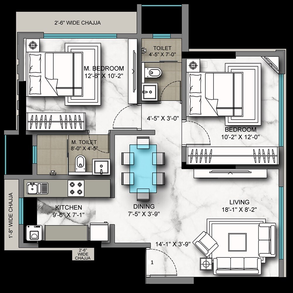Floor plan of 2 BHK Apartment - 661 sq. ft. in Vira Aashrina, Mumbai