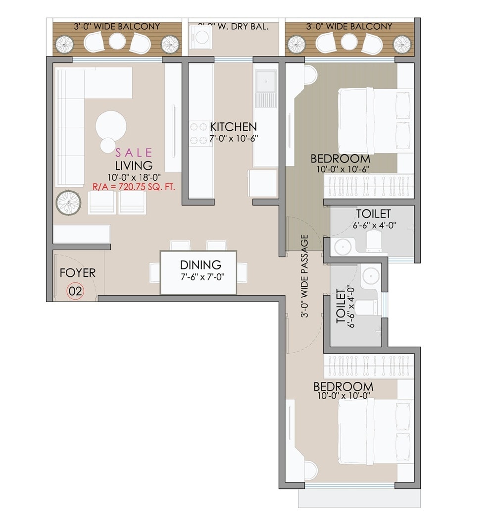 2 BHK 720 Sq. Ft. Apartment