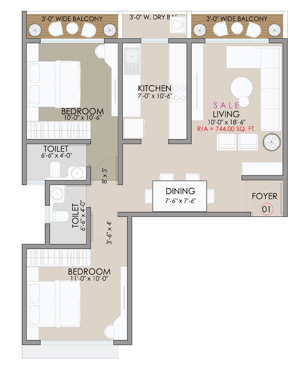 Floor plan of 2 BHK 744 Sq. Ft. Apartment in Vira Signature, Mumbai