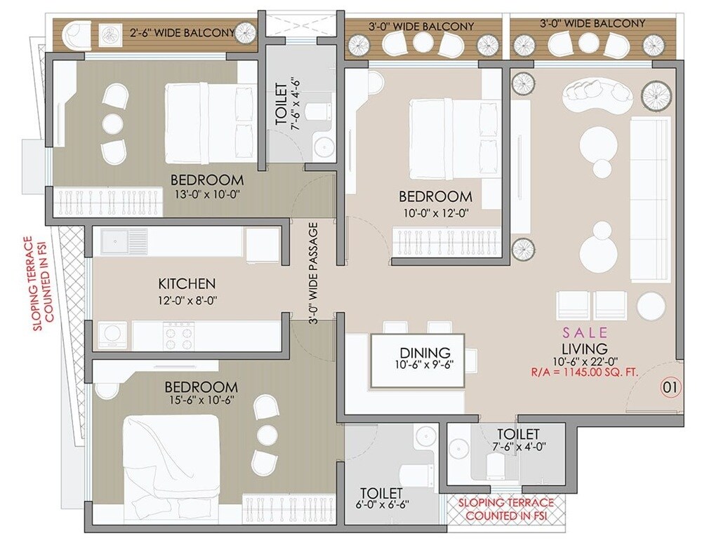 Floor plan of 3 BHK 1144 Sq. Ft. Apartment in Vira Signature, Mumbai
