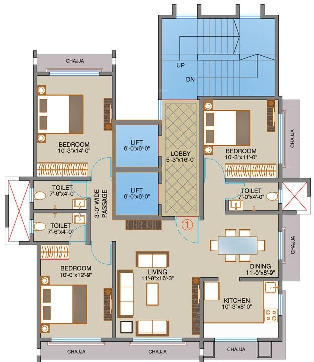 Floor plan of 3 BHK 766 Sq. Ft. Apartment in Virmati Villa CHS, Mumbai