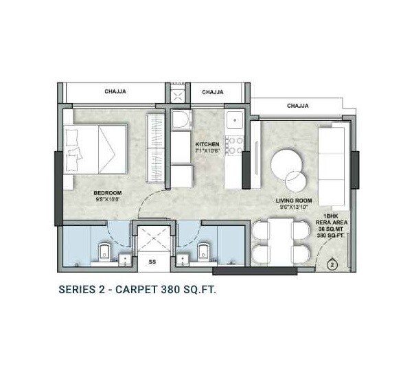 Floor plan of 1 BHK 380 Sq. Ft. Apartment in Vivan Heights Mumbai, Mumbai