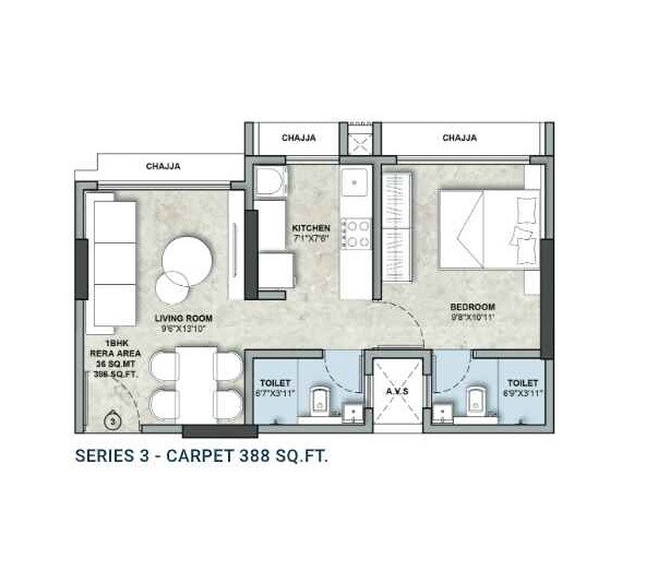 Floor plan of 1 BHK 388 Sq. Ft. Apartment in Vivan Heights Mumbai, Mumbai