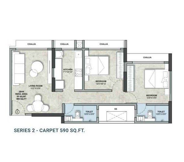 Floor plan of 2 BHK 590 Sq. Ft. Apartment in Vivan Heights Mumbai, Mumbai
