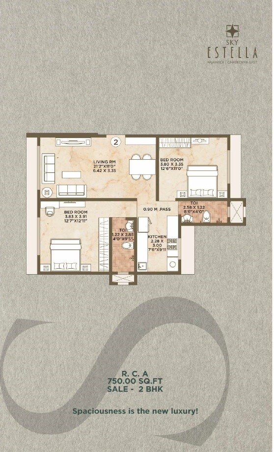 Floor plan of 2 BHK 750 Sq. Ft. Apartment in VK Sky Estella, Mumbai