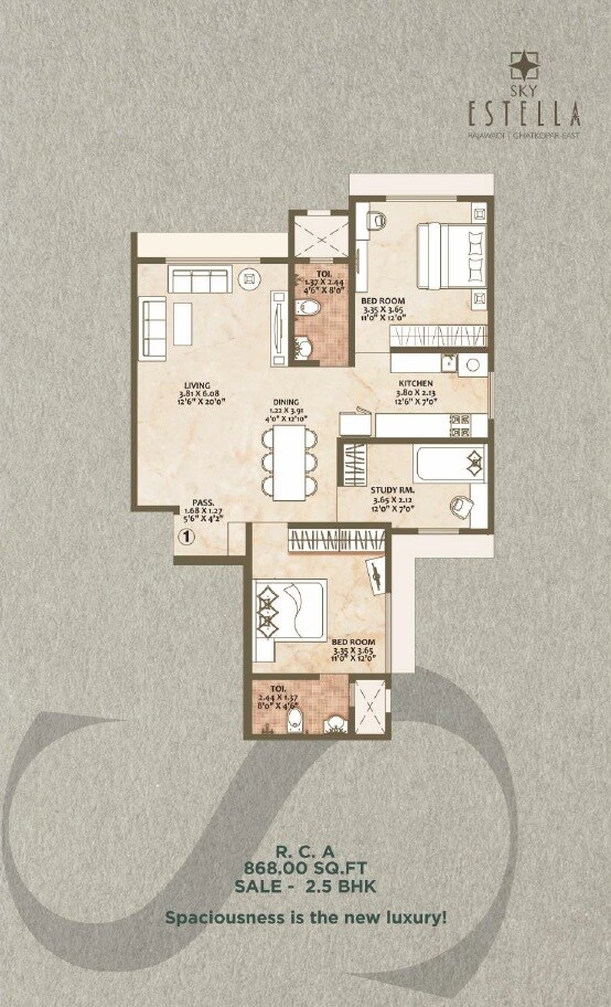 Floor plan of 2 BHK 868 Sq. Ft. Apartment in VK Sky Estella, Mumbai