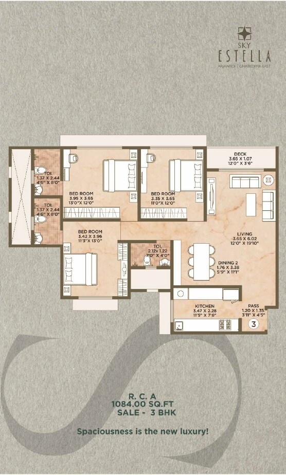 Floor plan of 3 BHK 1084 Sq. Ft. Apartment in VK Sky Estella, Mumbai