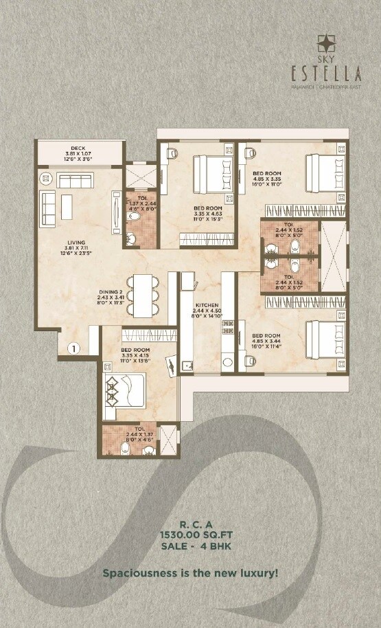 Floor plan of 4 BHK 1530 Sq. Ft. Apartment in VK Sky Estella, Mumbai