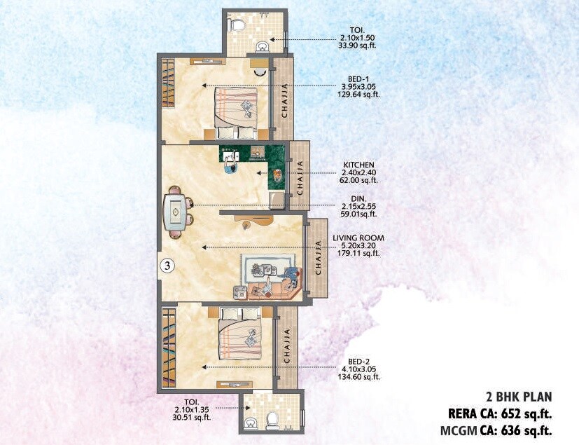 Floor plan of 2 BHK 652 Sq. Ft. Apartment in VK Skye Grandeur, Mumbai