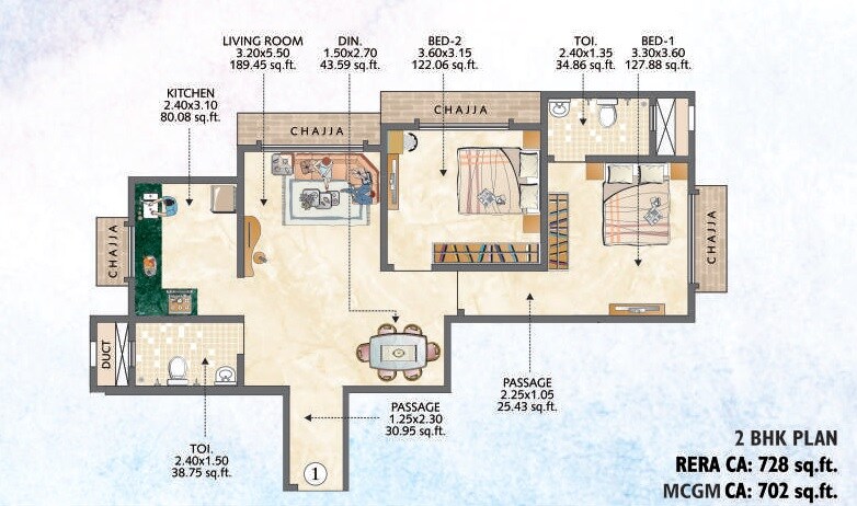 Floor plan of 2 BHK 728 Sq. Ft. Apartment in VK Skye Grandeur, Mumbai