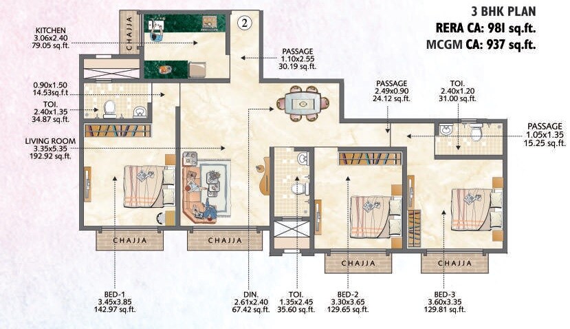 Floor plan of 3 BHK 981 Sq. Ft. Apartment in VK Skye Grandeur, Mumbai