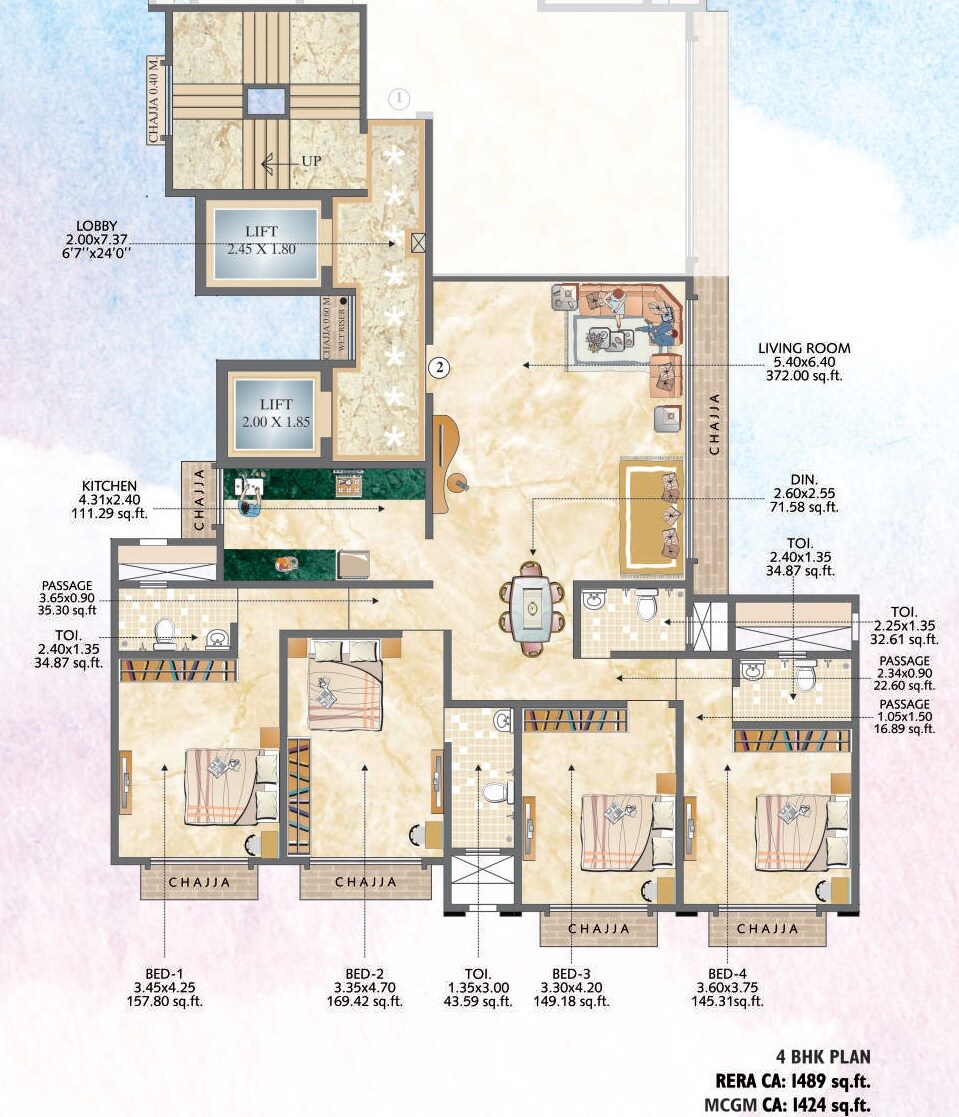 Floor plan of 4 BHK 1489 Sq. Ft. Apartment in VK Skye Grandeur, Mumbai