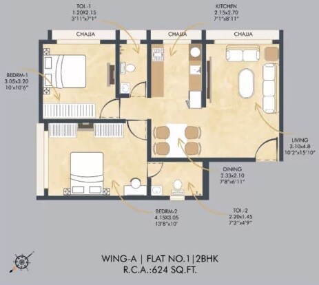 Floor plan of 2 BHK 624 Sq. Ft. Apartment in VK Skye Signature, Mumbai
