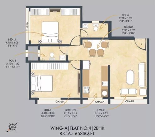 Floor plan of 2 BHK 653 Sq. Ft. Apartment in VK Skye Signature, Mumbai
