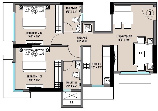 Floor plan of 2 BHK 615 Sq. Ft. Apartment in VKG Amazon, Mumbai