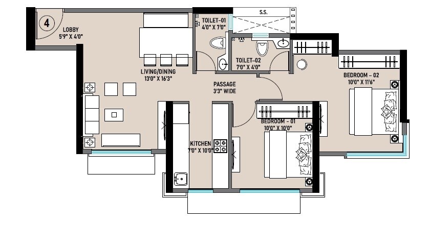 Floor plan of 2 BHK 637 Sq. Ft. Apartment in VKG Amazon, Mumbai
