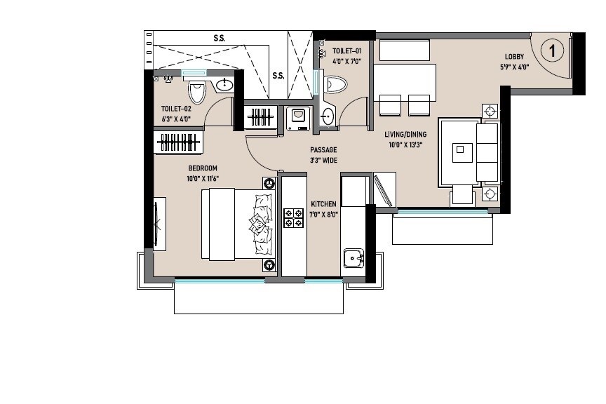 Floor plan of 1 BHK 420 Sq. Ft. Apartment in VKG Beverly Hills, Mumbai