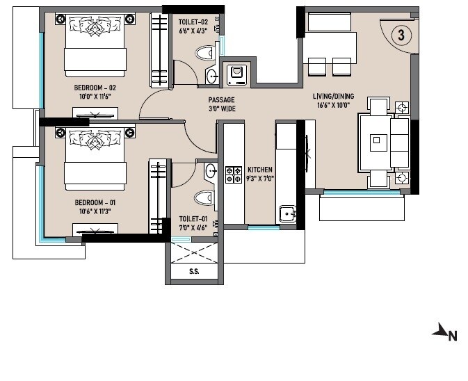 Floor plan of 2 BHK 615 Sq. Ft. Apartment in VKG Beverly Hills, Mumbai
