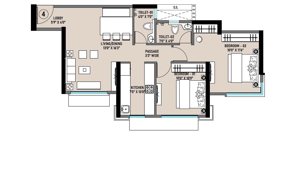 Floor plan of 2 BHK 645 Sq. Ft. Apartment in VKG Beverly Hills, Mumbai
