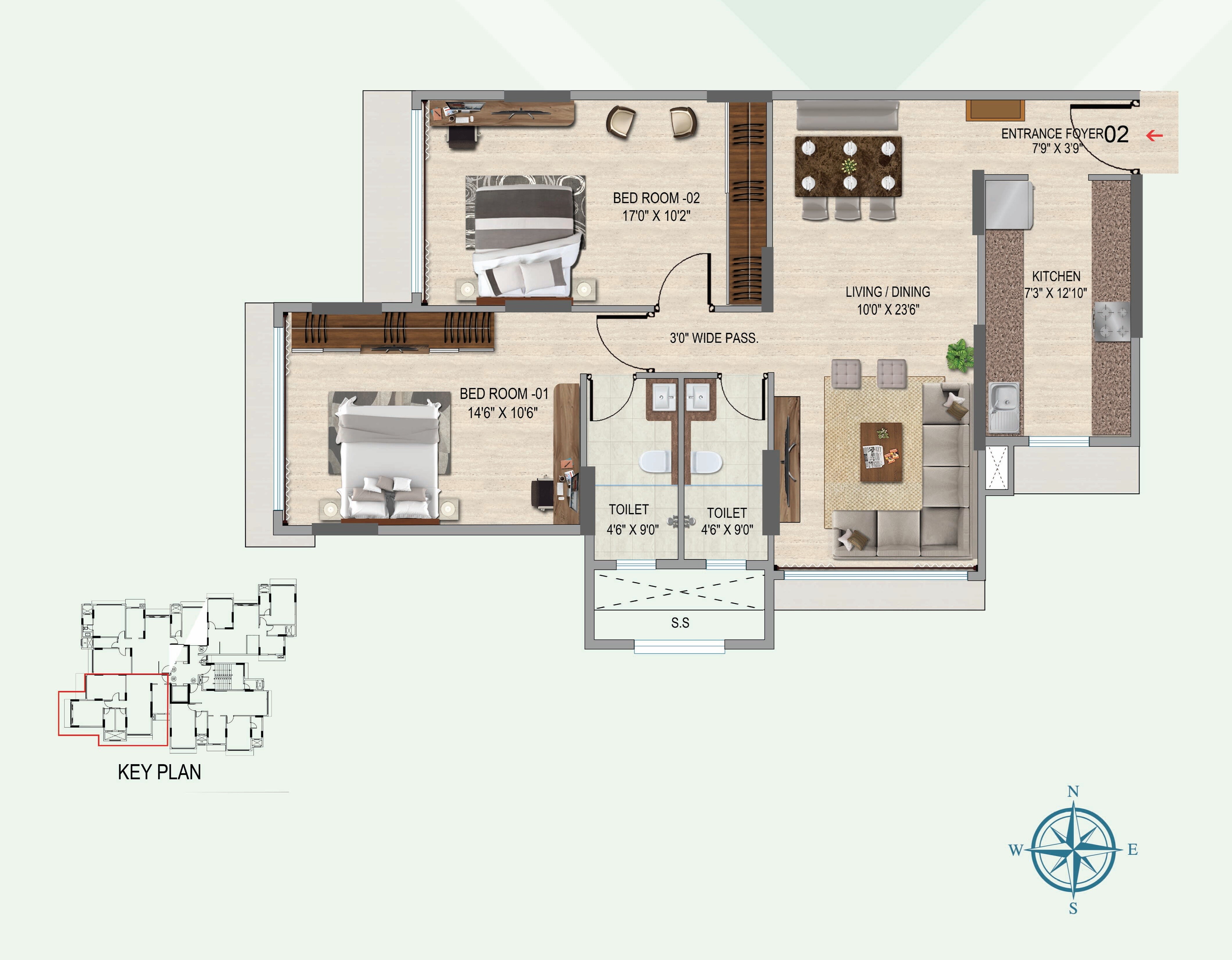 Floor plan of 2 BHK 818 Sq. Ft. Apartment in VKG Park Estate, Mumbai