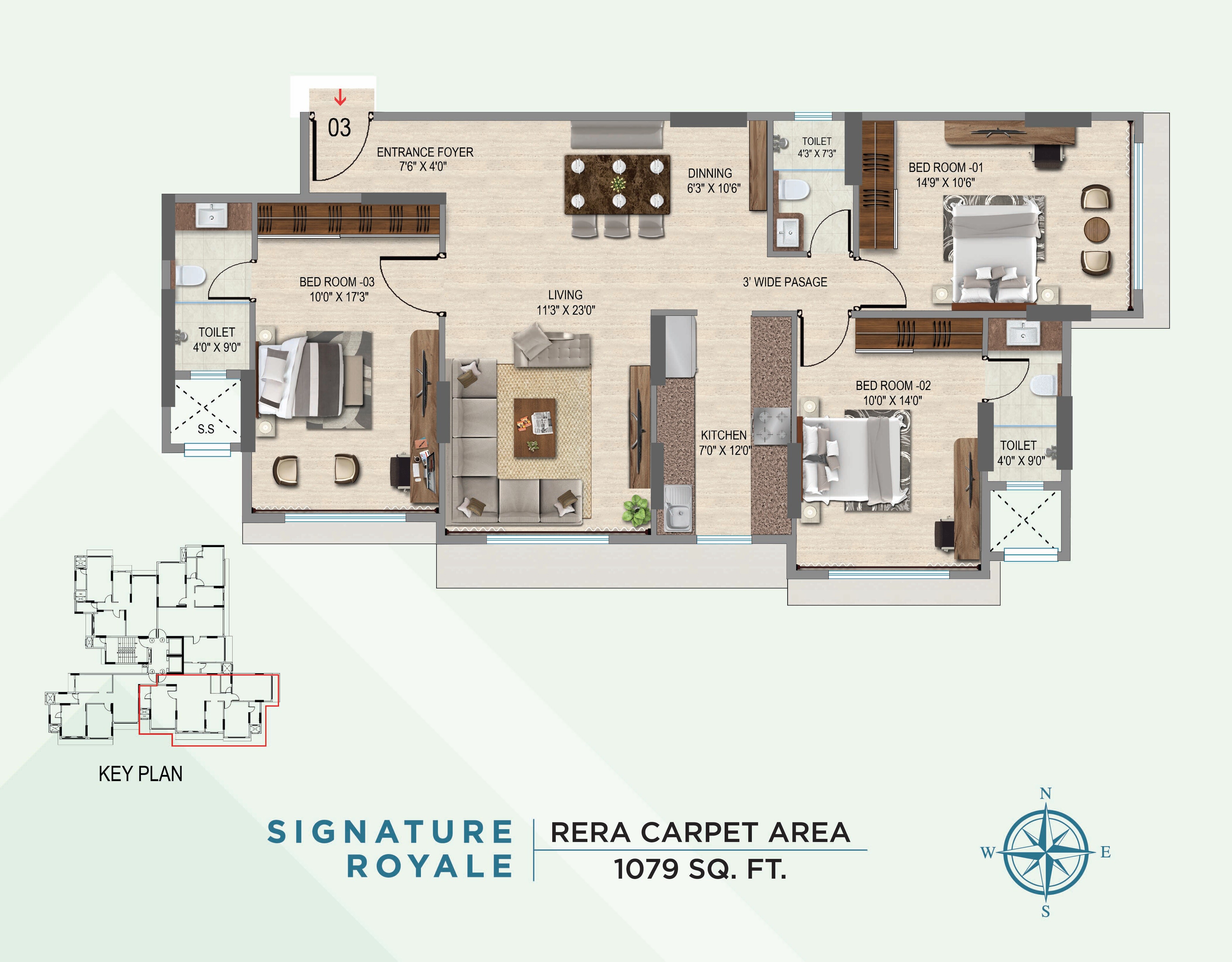 Floor plan of 3 BHK 1079 Sq. Ft. Apartment in VKG Park Estate, Mumbai