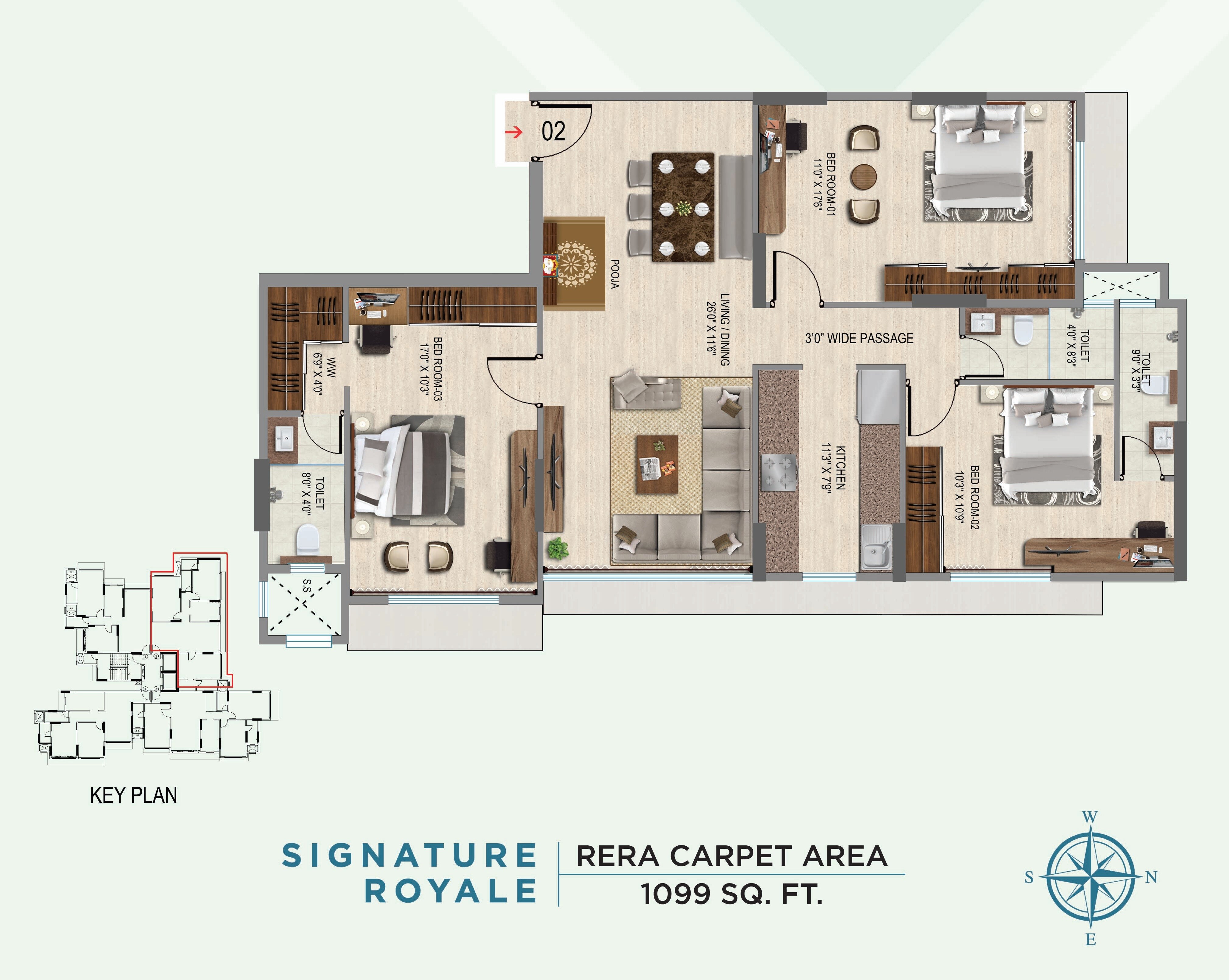 Floor plan of 3 BHK 1099 Sq. Ft. Apartment in VKG Park Estate, Mumbai