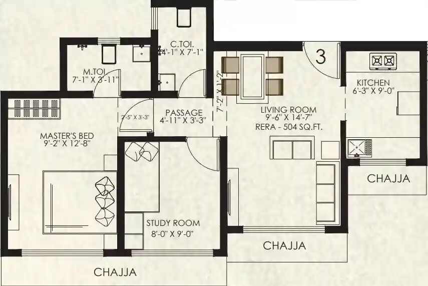 Floor plan of 1 BHK 504 Sq. Ft. Apartment in VL Savli Eastern Groves Phase 1, Mumbai