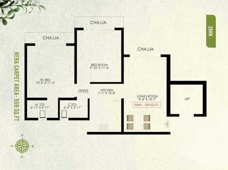 Floor plan of 2 BHK 559 Sq. Ft. Apartment in VL Savli Eastern Groves Phase 1, Mumbai