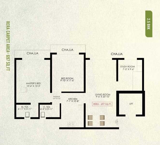 Floor plan of 2 BHK 697 Sq. Ft. Apartment in VL Savli Eastern Groves Phase 1, Mumbai