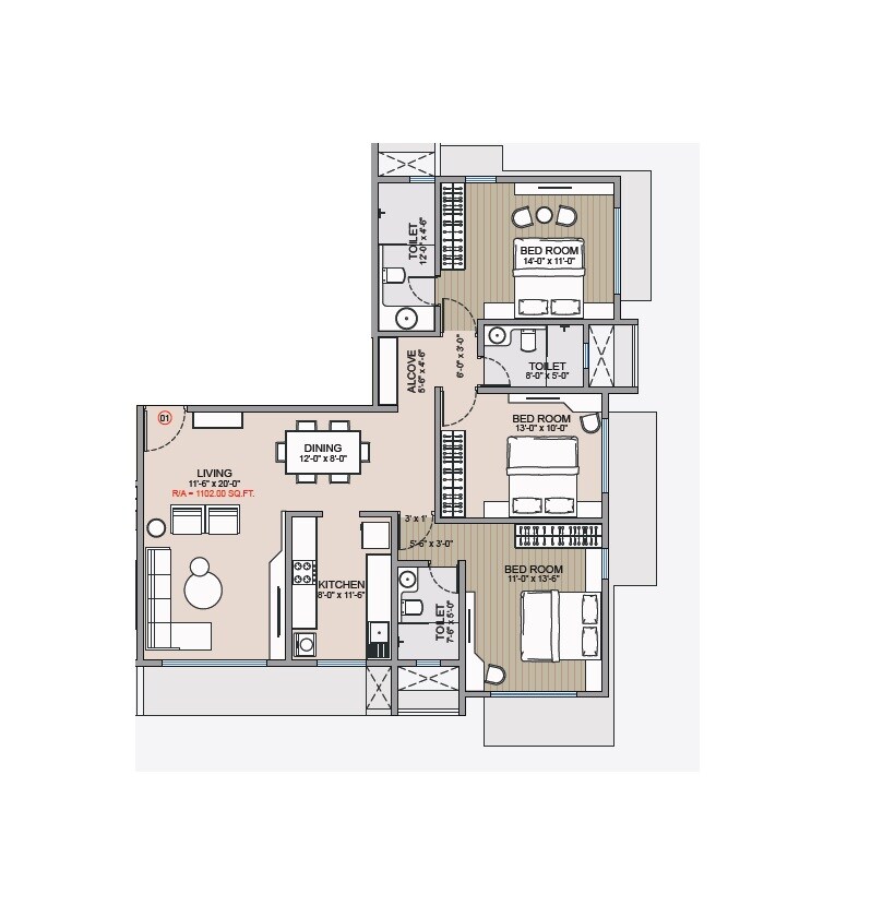 Floor plan of 3 BHK 1102 Sq. Ft. Apartment in Vraj 9Th Avenue, Mumbai