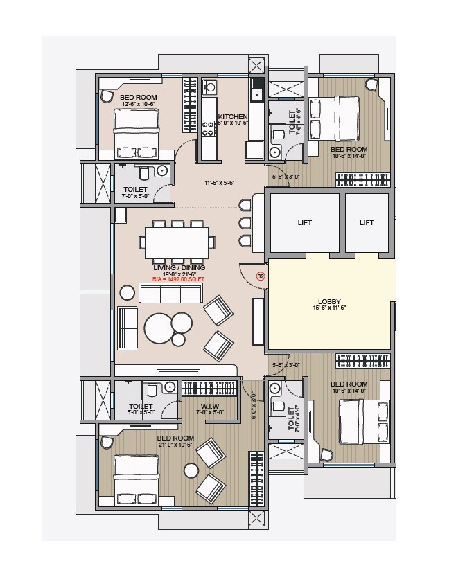 Floor plan of 4 BHK 1492 Sq. Ft. Apartment in Vraj 9Th Avenue, Mumbai