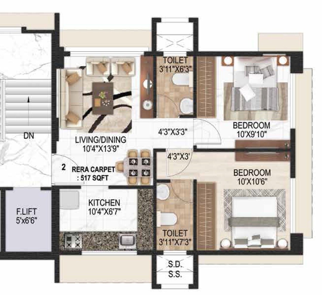 Floor plan of 2 BHK 507 Sq. Ft. Apartment in Vraj Emerald 60, Mumbai