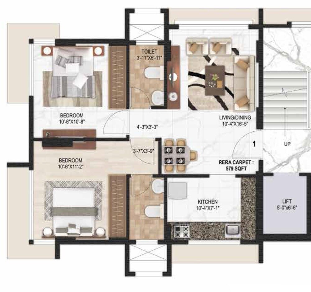 Floor plan of 2 BHK 525 Sq. Ft. Apartment in Vraj Emerald 60, Mumbai