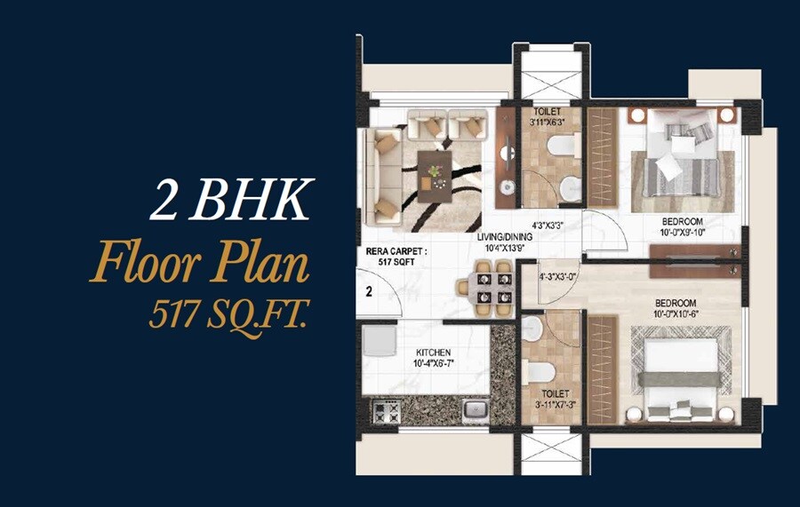 Floor plan of 2 BHK 517 Sq. Ft. Apartment in Vraj Gateway Aparna CHS, Mumbai
