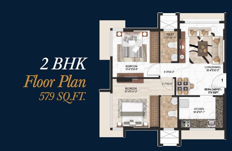 Floor plan of 2 BHK 579 Sq. Ft. Apartment in Vraj Gateway Aparna CHS, Mumbai