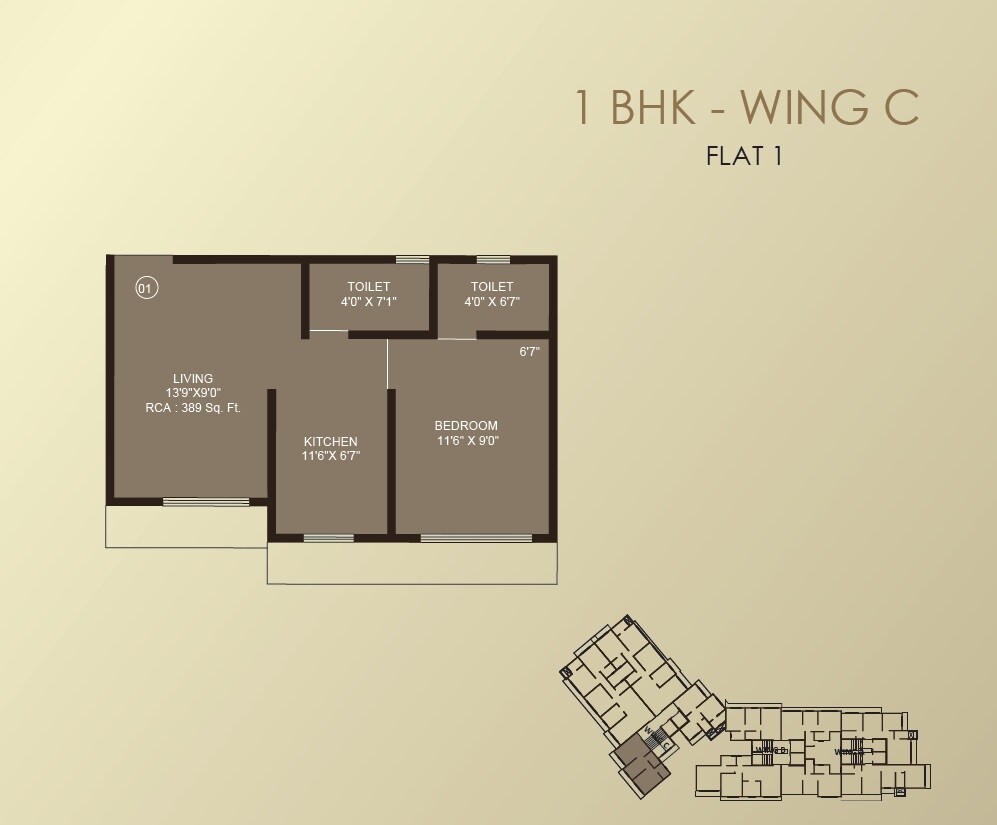 Floor plan of 1 BHK 389 Sq. Ft. Apartment in Vraj One, Mumbai