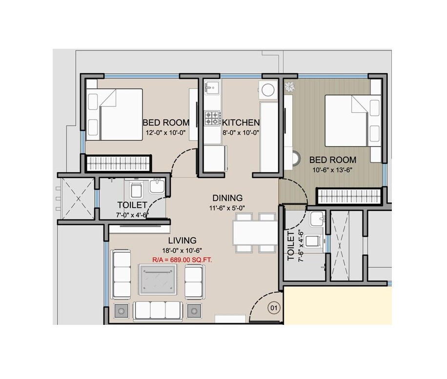 Floor plan of 2 BHK 689 Sq. Ft. Apartment in Vraj Paras Residency, Mumbai
