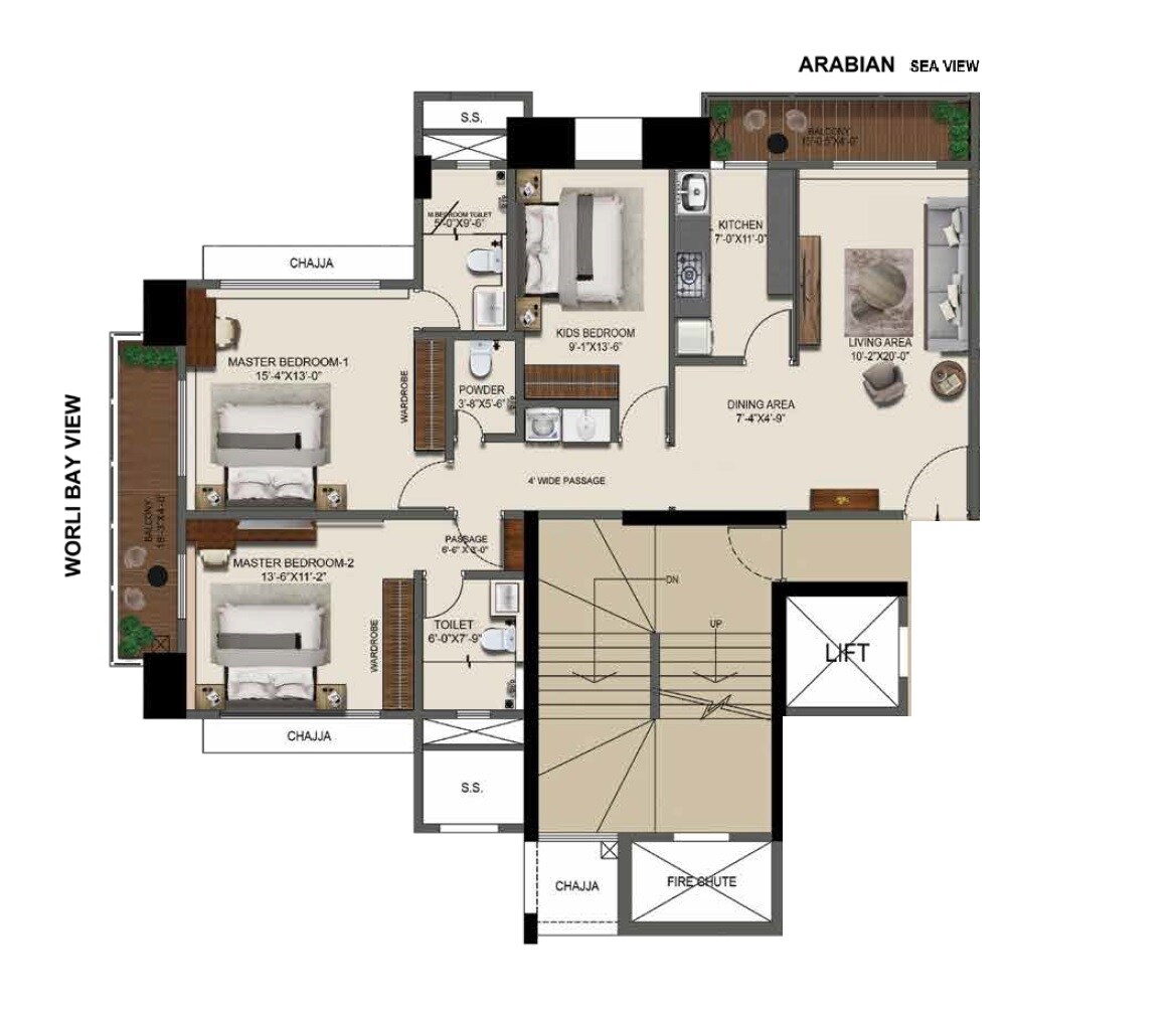 Floor plan of 3 BHK 1160 Sq. Ft. Apartment in Vraj Tiara, Mumbai
