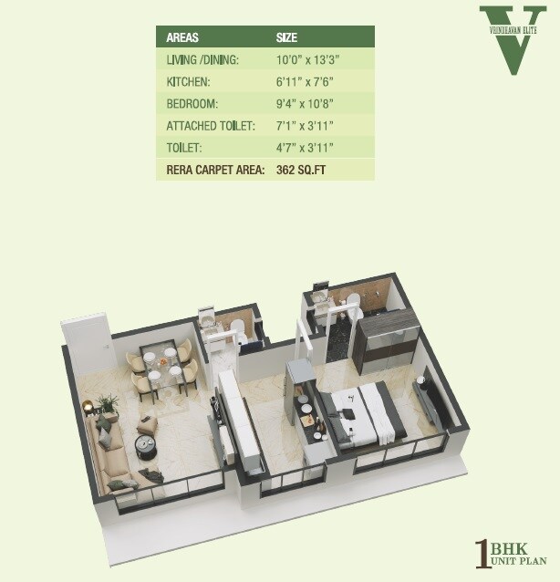 Floor plan of 1 BHK 362 Sq. Ft. Apartment in Vridavan Elite, Mumbai