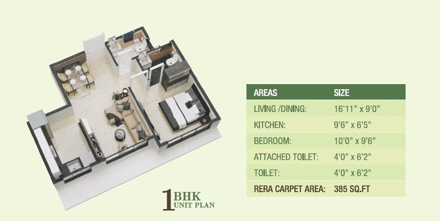 Floor plan of 1 BHK 385 Sq. Ft. Apartment in Vridavan Elite, Mumbai