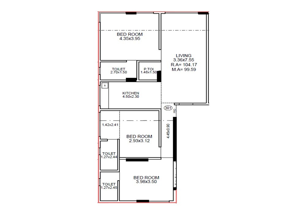 Floor plan of 3 BHK Apartment - 1072 sq. ft. in Vruksh Prabhu Ashish CHS, Mumbai