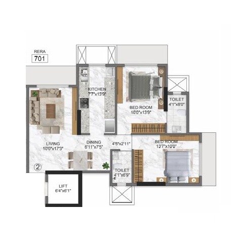 Floor plan of 2 BHK 701 Sq. Ft. Apartment in Vrushi Sanskruti, Mumbai