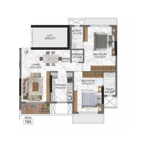 Floor plan of 2 BHK 795 Sq. Ft. Apartment in Vrushi Sanskruti, Mumbai