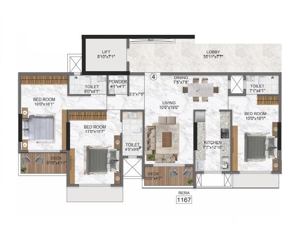 Floor plan of 3 BHK 1167 Sq. Ft. Apartment in Vrushi Sanskruti, Mumbai